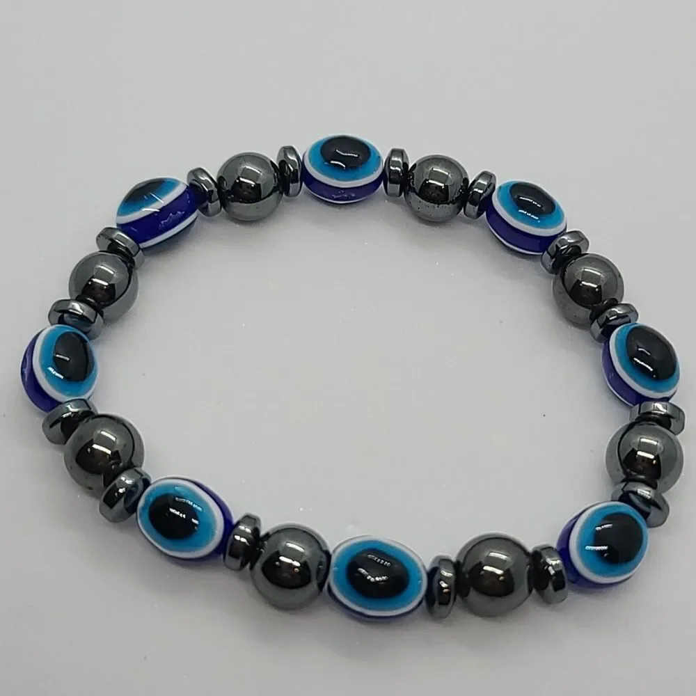Hematite Evil Eye Blue Beaded Bracelet | Protective Stretch Charm Jewelry NWT